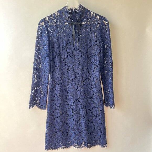 Sandro Paris Mock Neck Scalloped Mini Dress , Navy Lace, Size 2 O43 - Picture 2 of 9